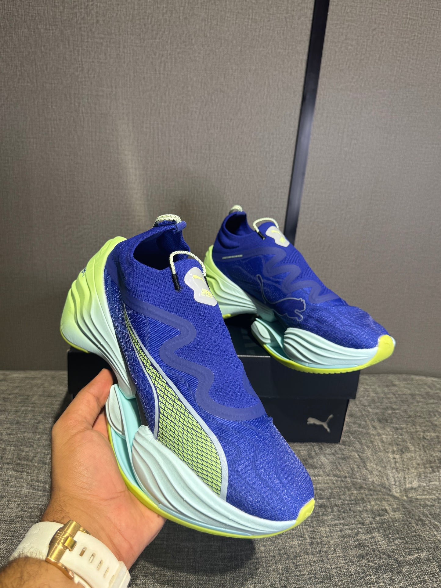 Puma Fast RB Nitro Elite running shoes in a blue and lime