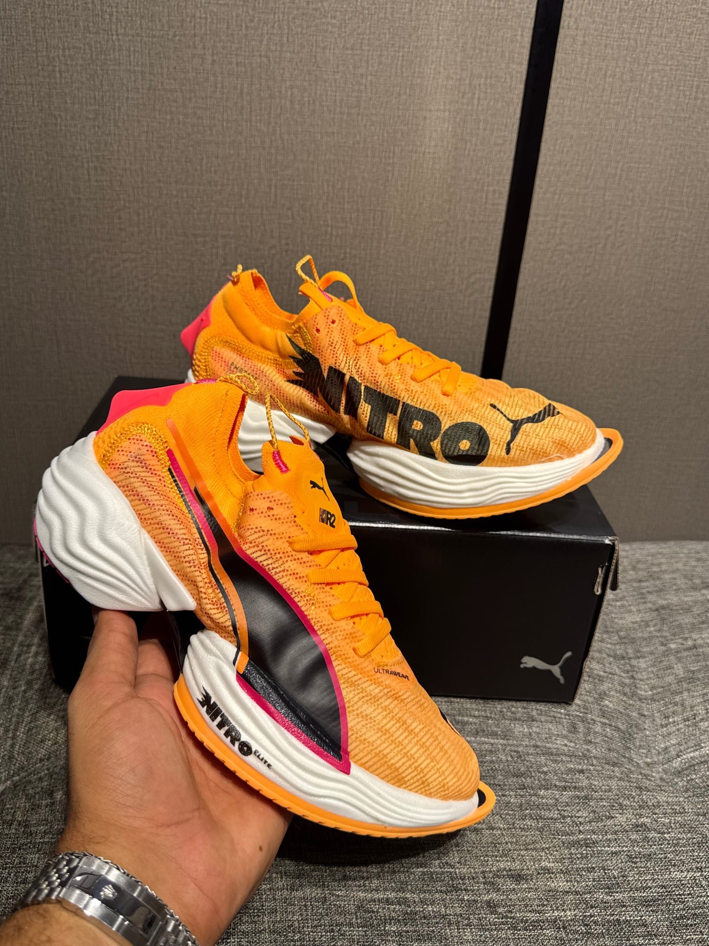 Puma Fast-R Nitro Elite 2 running shoes in the Sun Stream/Sunset Glow/Puma White