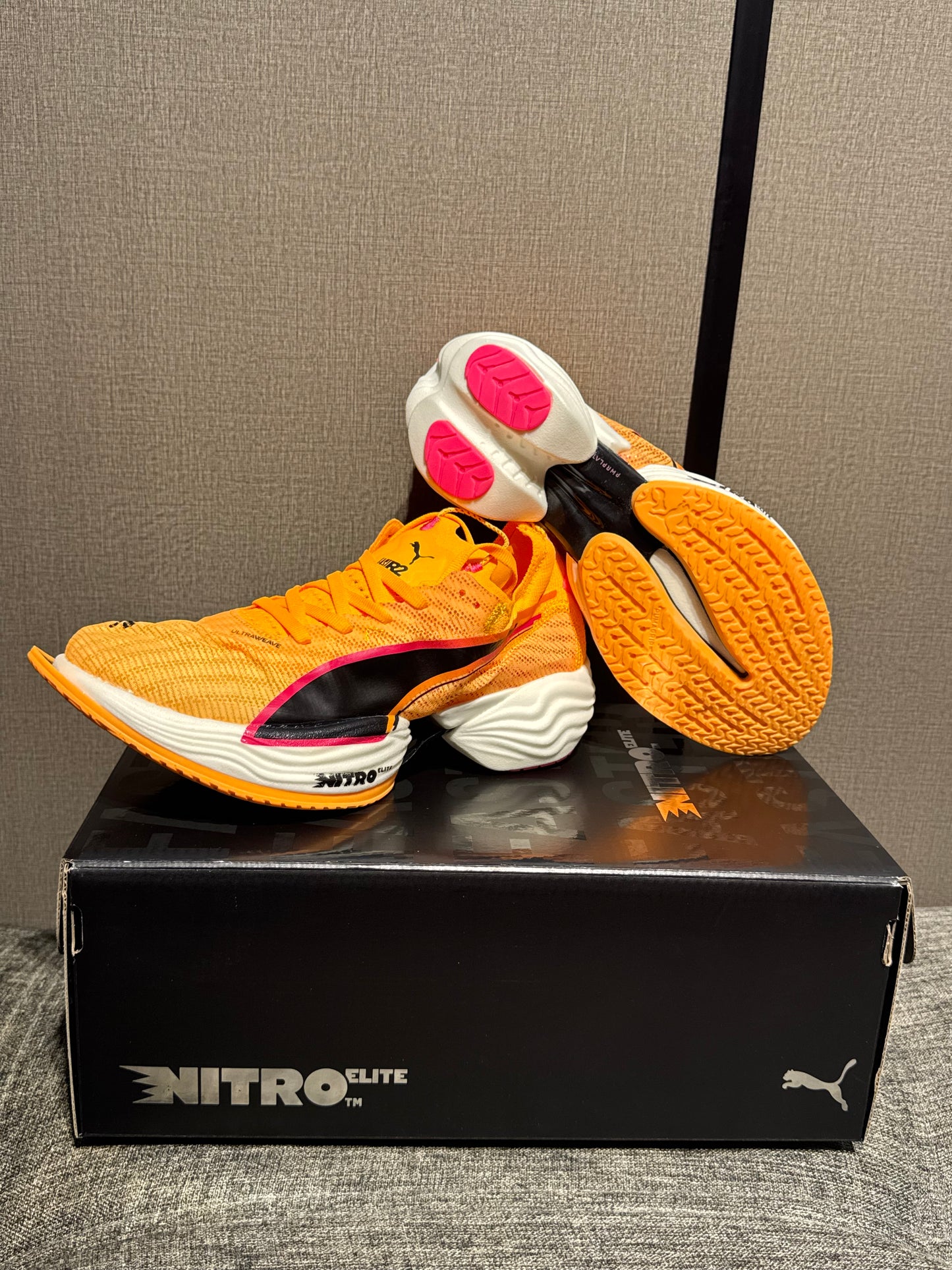 Puma Fast-R Nitro Elite 2 running shoes in the Sun Stream/Sunset Glow/Puma White